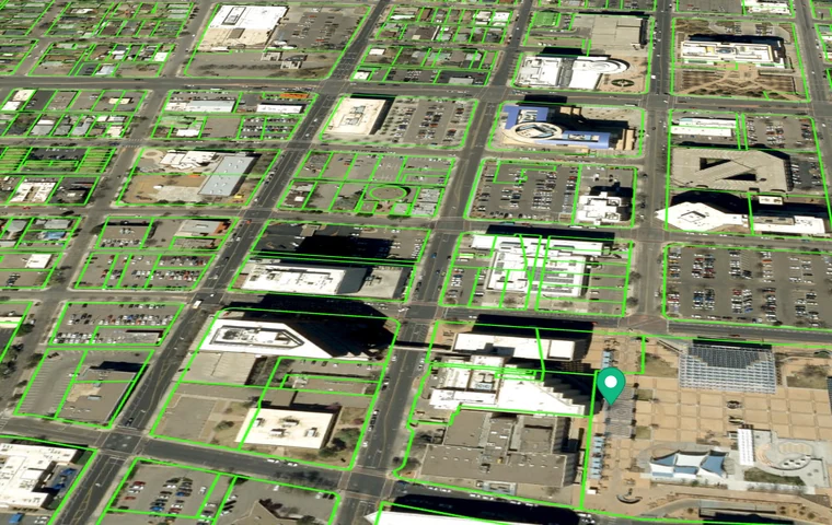Tilted 3D aerial view of Albuquerque parcels with boundary outlines