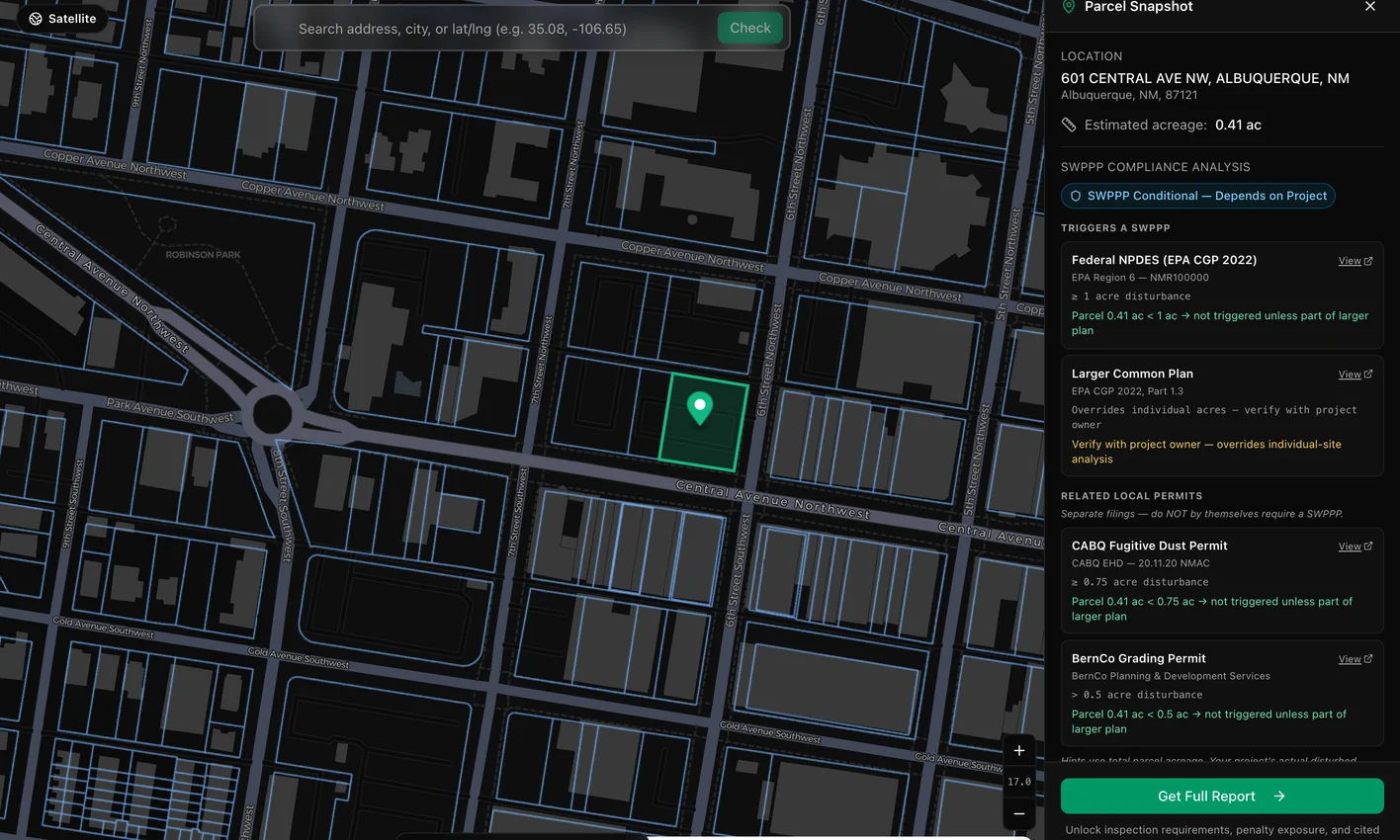 ActiveParcel map with a selected Albuquerque parcel and its SWPPP compliance snapshot